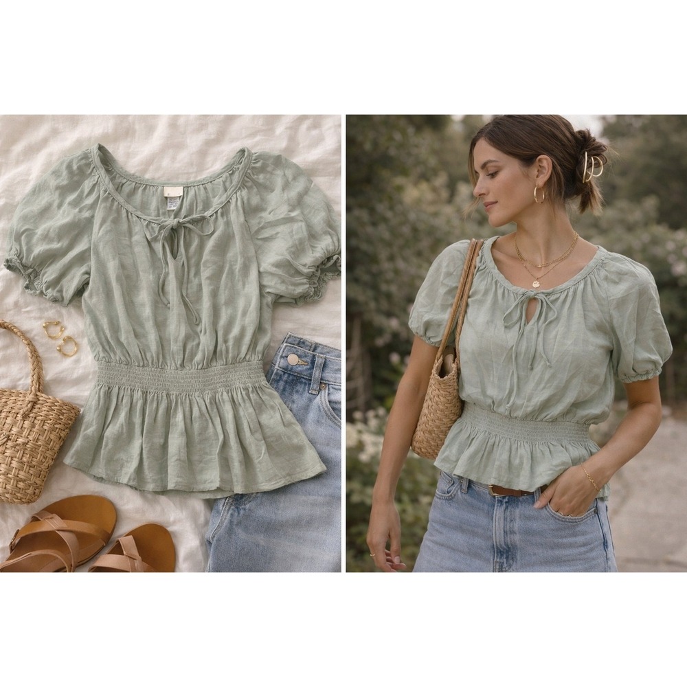 Urban Romantics Sage‎ Green Smocked Peasant Blouse Puff Sleeve Peplum Top L Boho